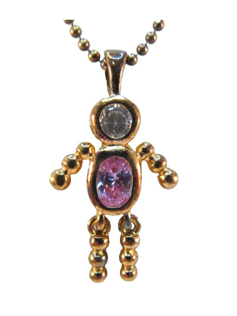 Vintage Gold Tone Boy Stick Figure Pink Clear Birthstone Pendant Chain MWS Italy
